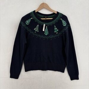 Talbots Sweater Womens Small Blue Christmas Tree Fair Isle Beaded Sequin Holiday